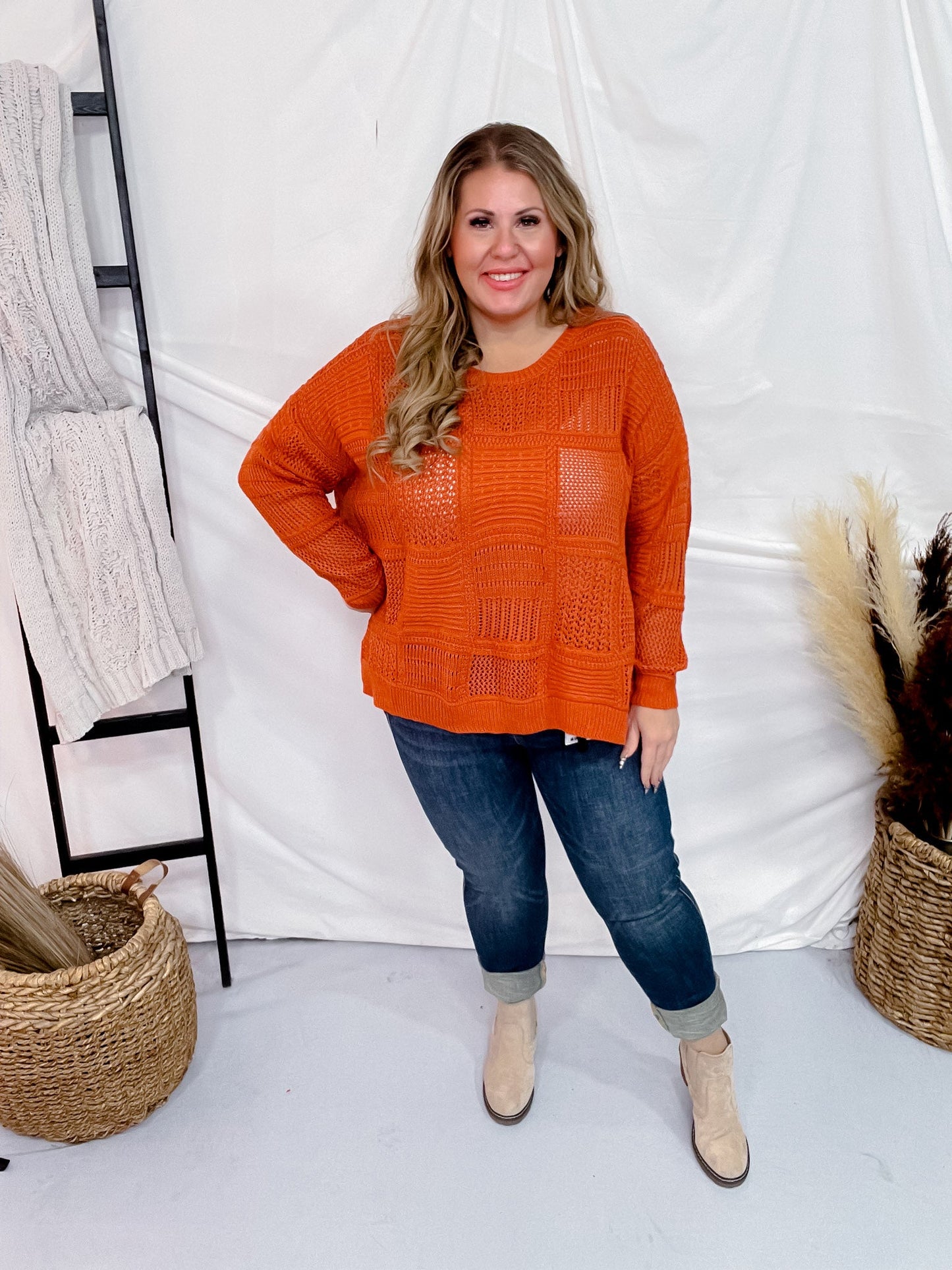 Burnt Orange Knitted Patchwork Pullover Sweater Top - Whiskey Skies - DAVI & DANI