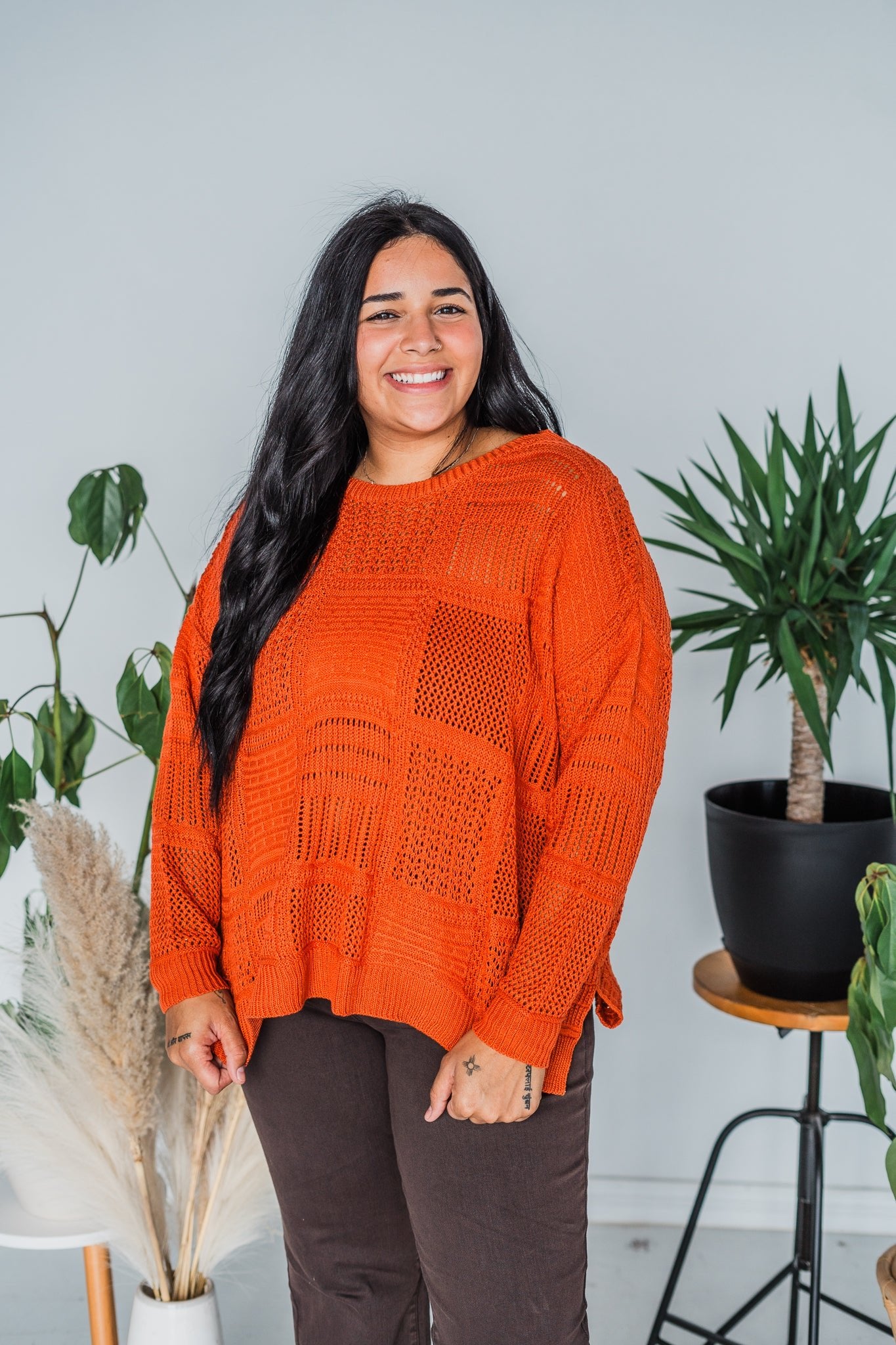 Burnt Orange Knitted Patchwork Pullover Sweater Top - Whiskey Skies - DAVI & DANI