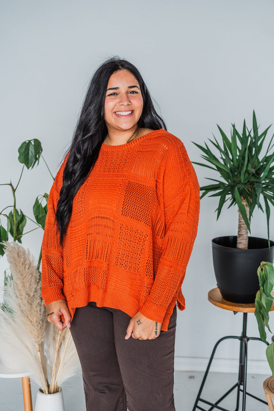 Burnt Orange Knitted Patchwork Pullover Sweater Top - Whiskey Skies - DAVI & DANI