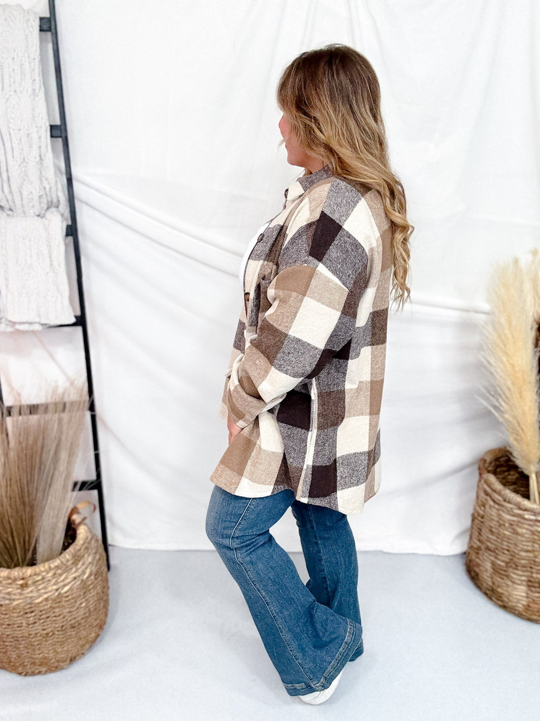 Button Down Brown Plaid Flannel Shacket - Whiskey Skies - SWEET GENERIS