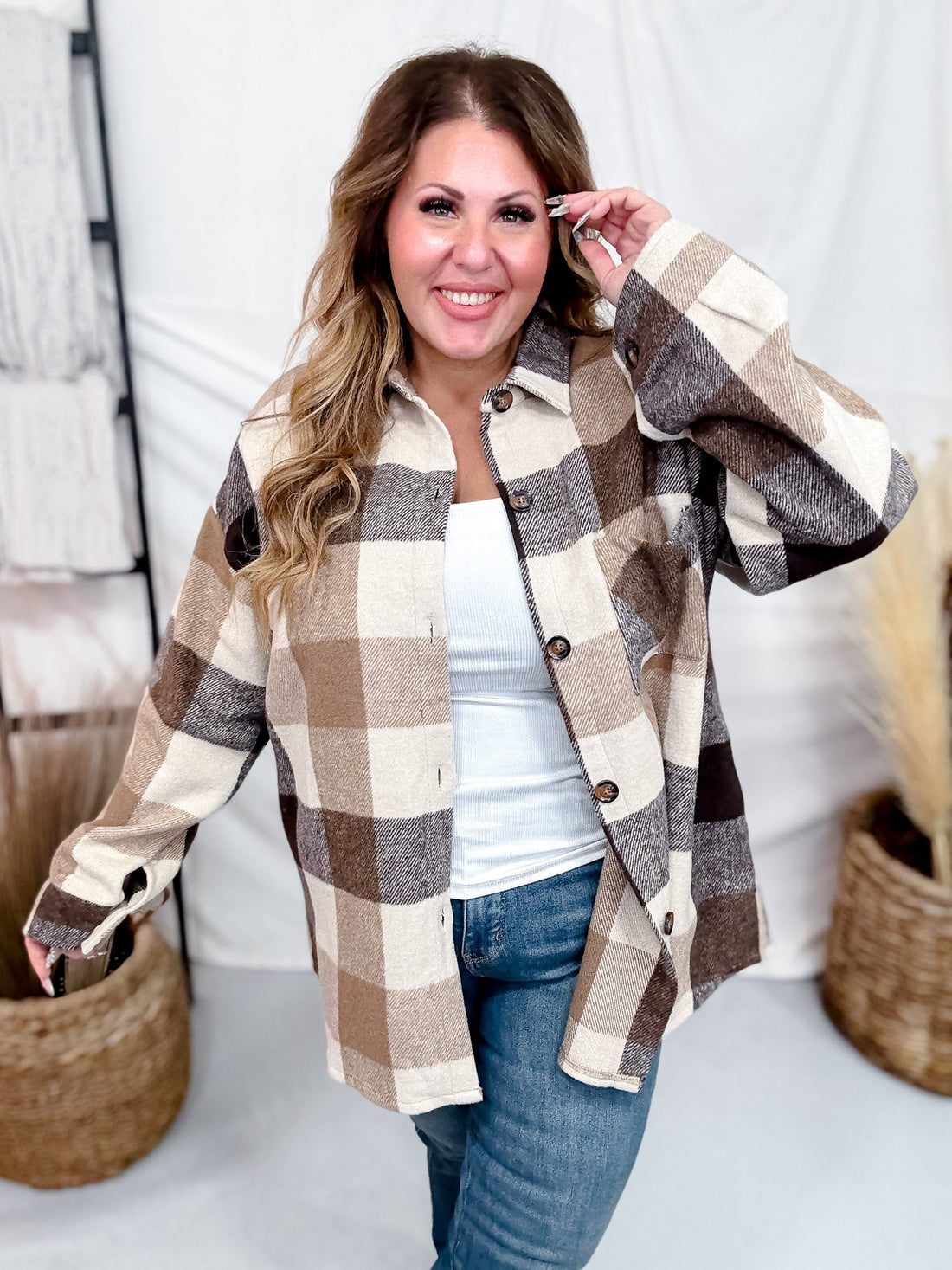 Button Down Brown Plaid Flannel Shacket - Whiskey Skies - SWEET GENERIS