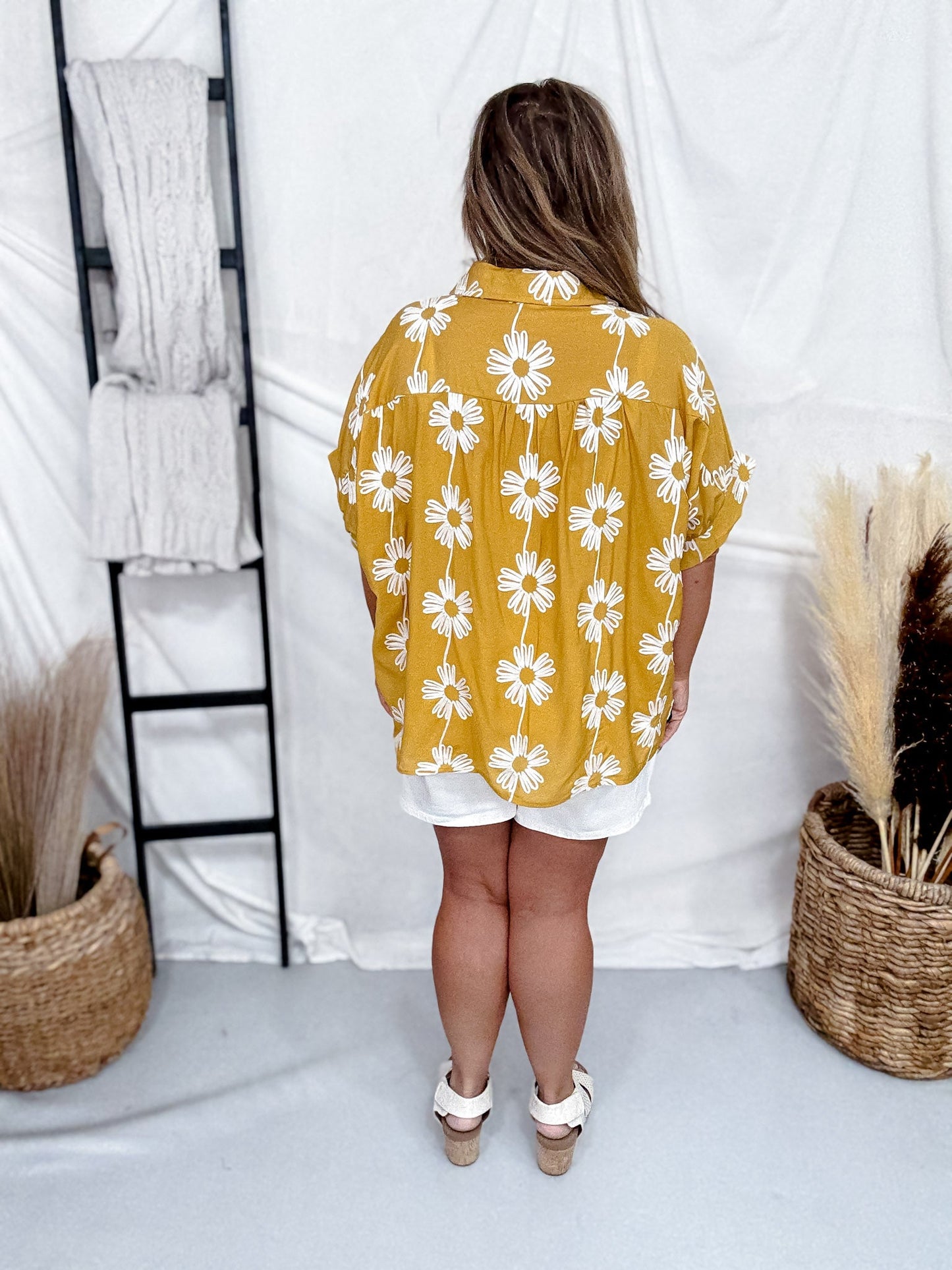Button Down Marigold Top With Embroidered Flowers - Whiskey Skies - SEW IN LOVE
