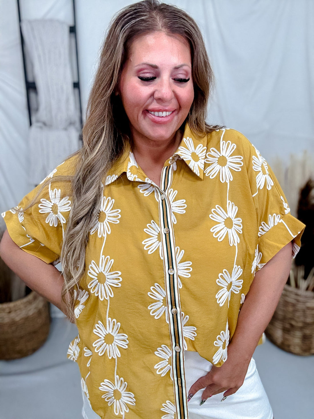 Button Down Marigold Top With Embroidered Flowers - Whiskey Skies - SEW IN LOVE
