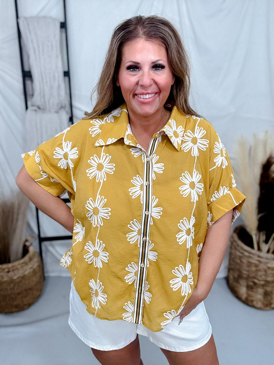 Button Down Marigold Top With Embroidered Flowers - Whiskey Skies - SEW IN LOVE