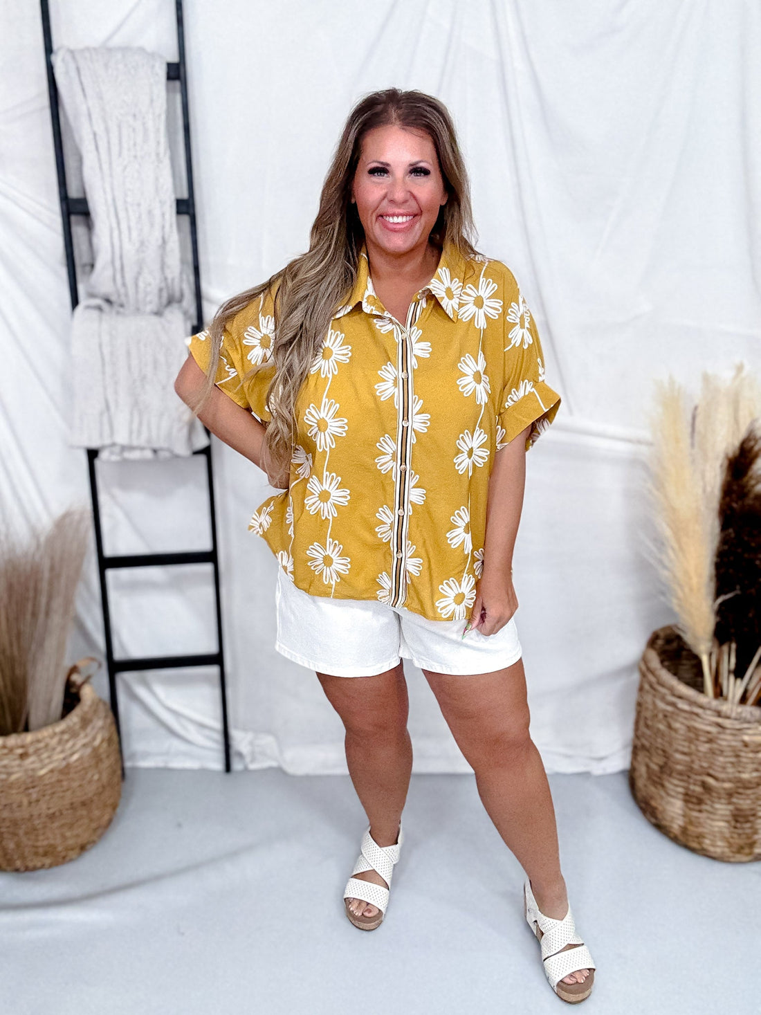 Button Down Marigold Top With Embroidered Flowers - Whiskey Skies - SEW IN LOVE