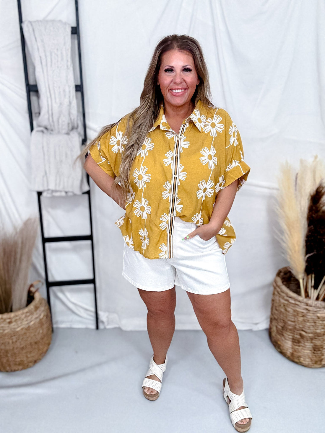 Button Down Marigold Top With Embroidered Flowers - Whiskey Skies - SEW IN LOVE