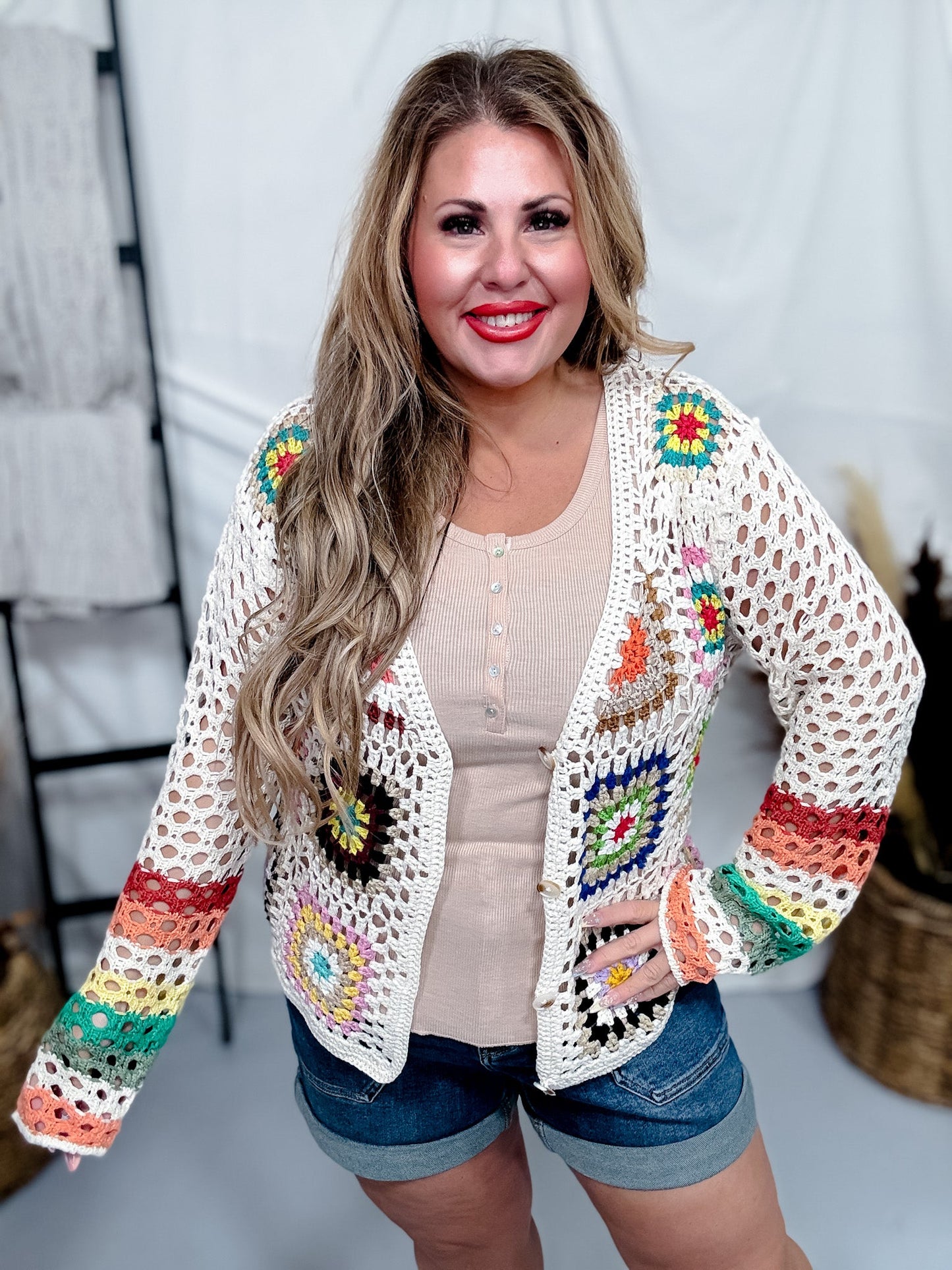 Button Down Multi Color Crochet Cardigan - Whiskey Skies - ADORA