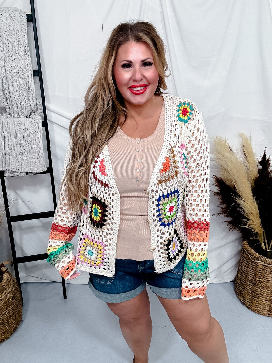 Button Down Multi Color Crochet Cardigan - Whiskey Skies - ADORA