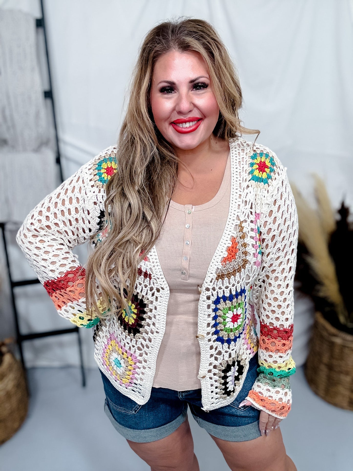 Button Down Multi Color Crochet Cardigan - Whiskey Skies - ADORA