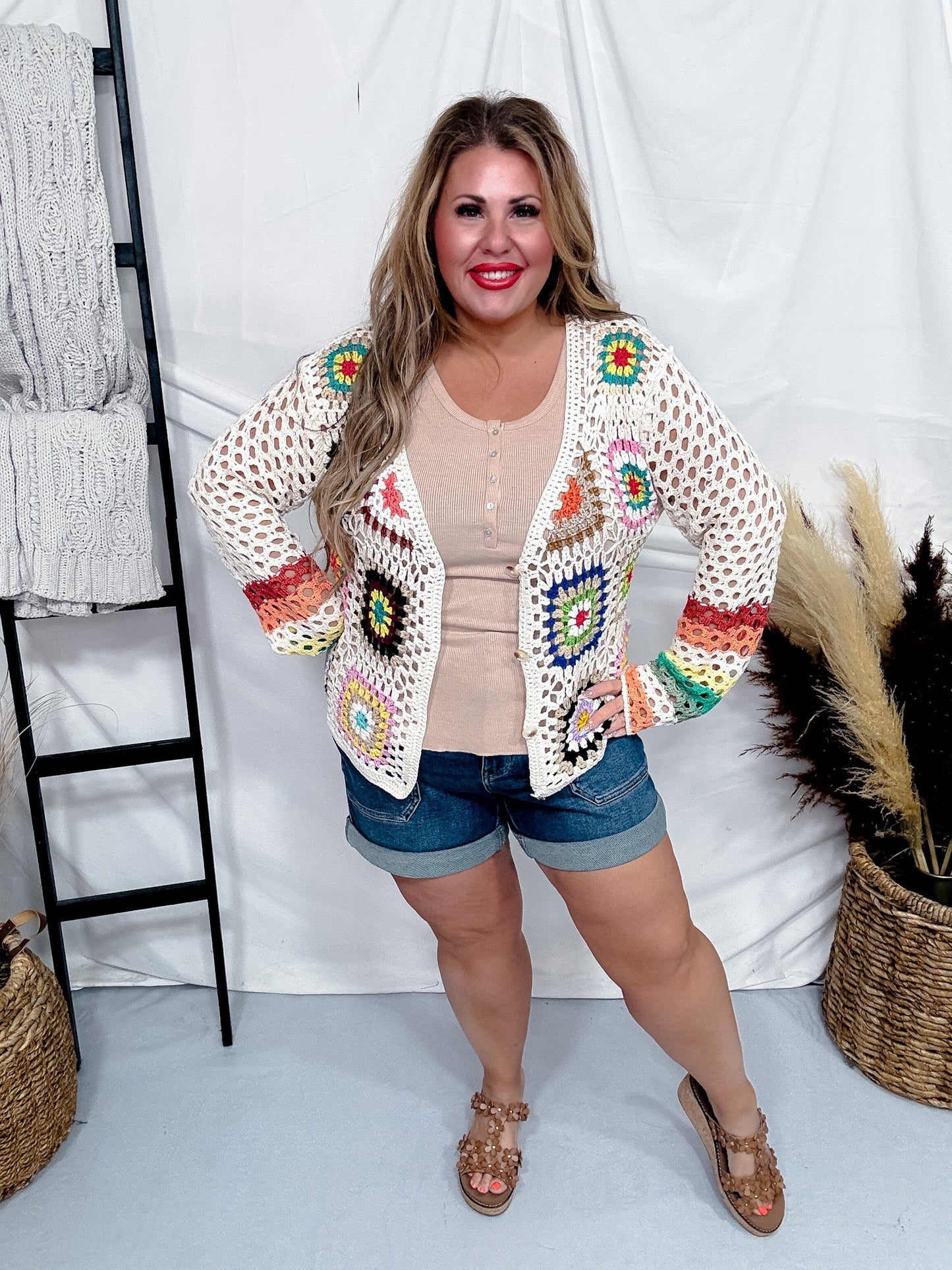 Button Down Multi Color Crochet Cardigan - Whiskey Skies - ADORA