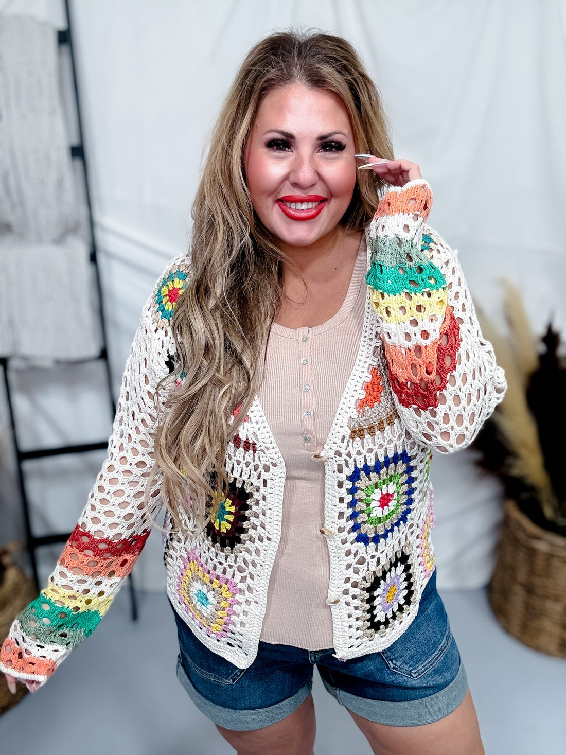 Button Down Multi Color Crochet Cardigan - Whiskey Skies - ADORA