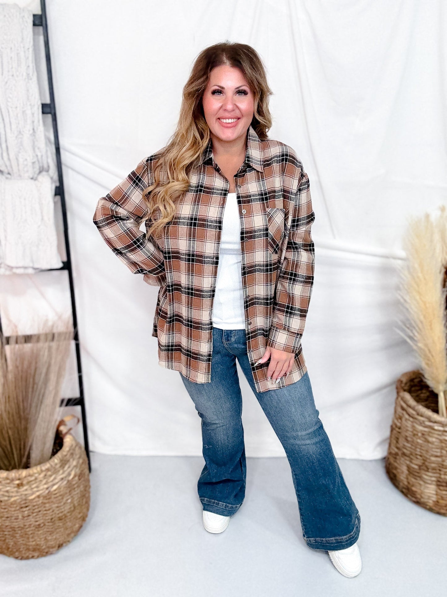 Button Front Brown Plaid Flannel - Whiskey Skies - SHE + SKY