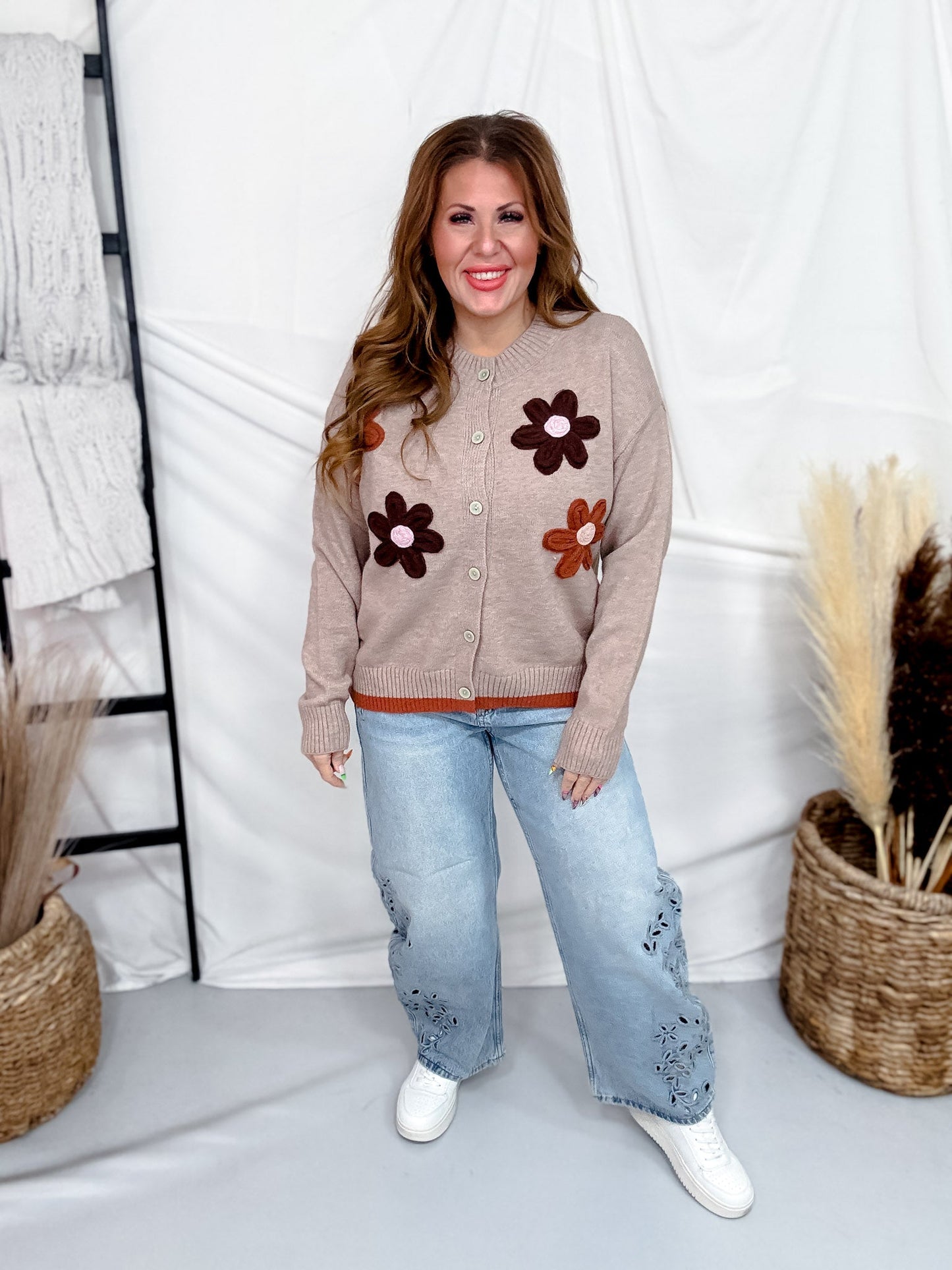 Button Front Cardigan With Daisy Appliques - Whiskey Skies - SEW IN LOVE