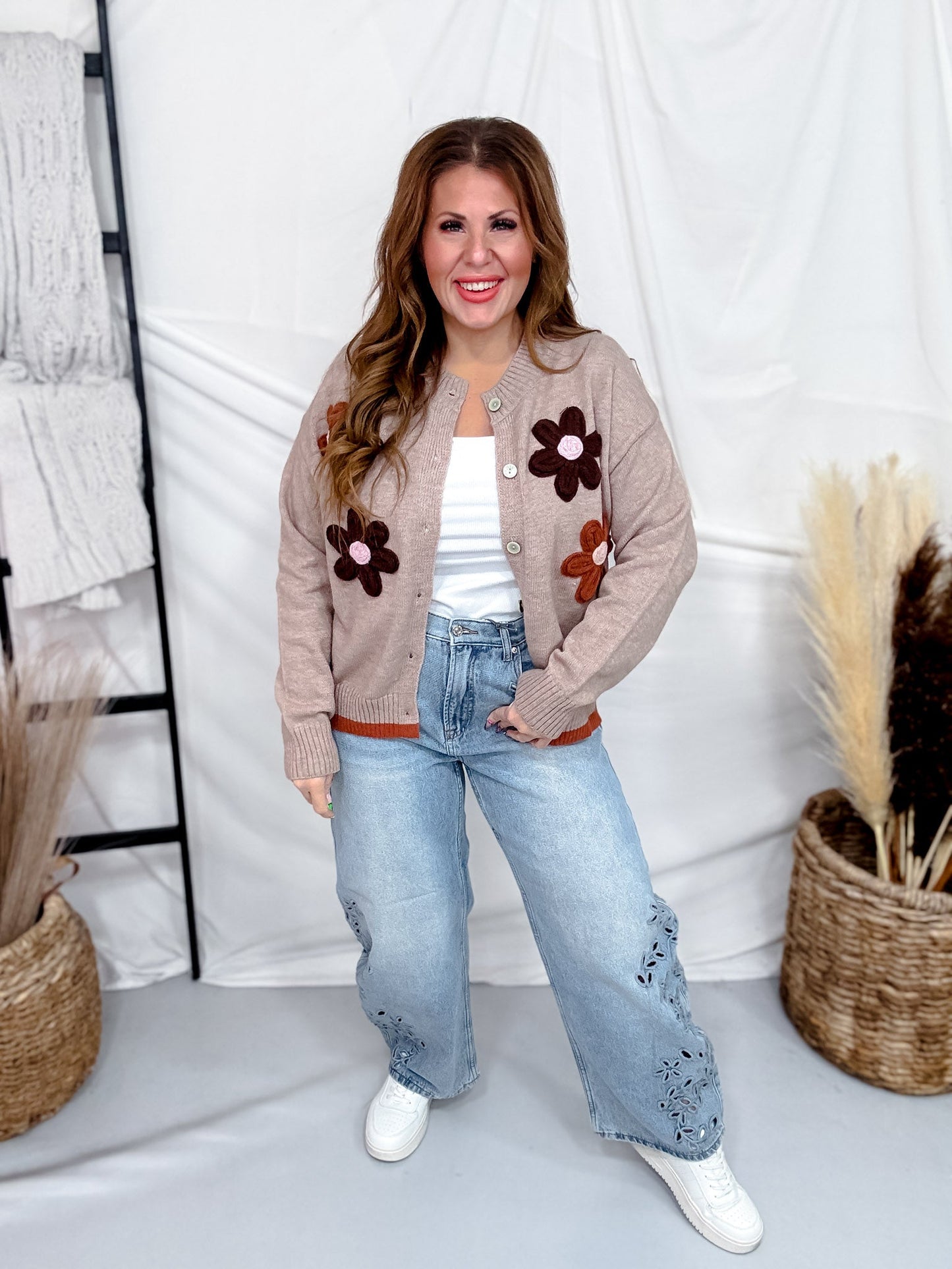 Button Front Cardigan With Daisy Appliques - Whiskey Skies - SEW IN LOVE