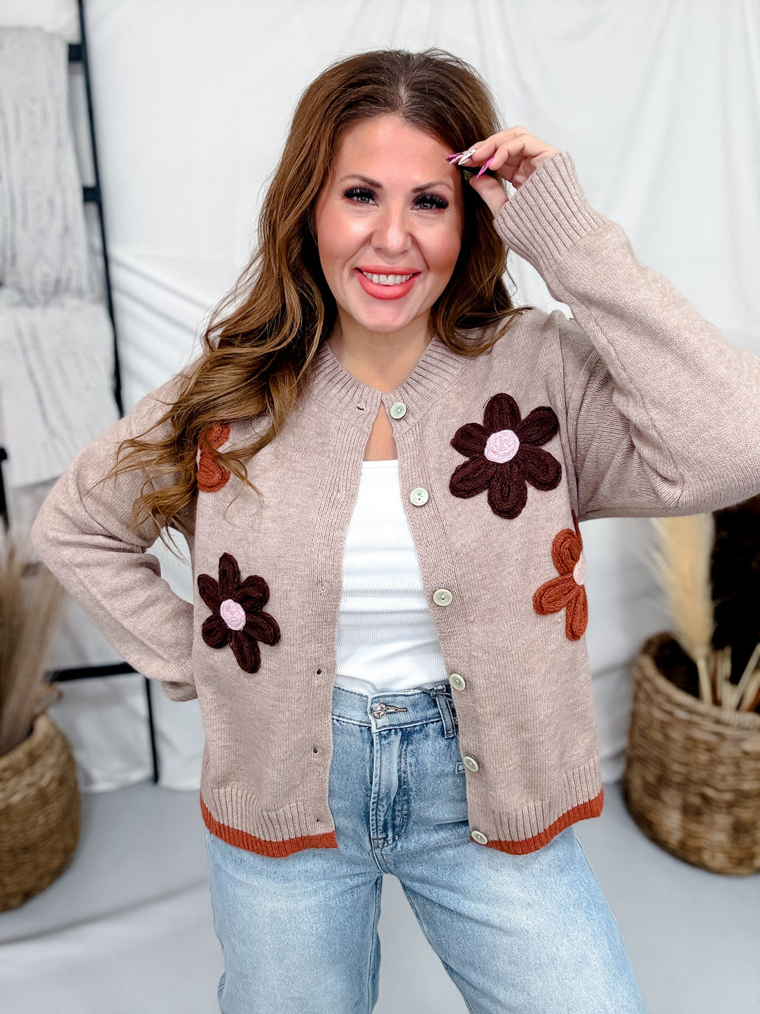 Button Front Cardigan With Daisy Appliques - Whiskey Skies - SEW IN LOVE