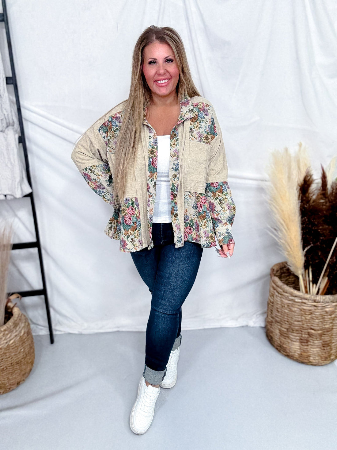 Button Front Peplum Hem Top With Floral Tapestry Panels - Whiskey Skies - DAVI & DANI