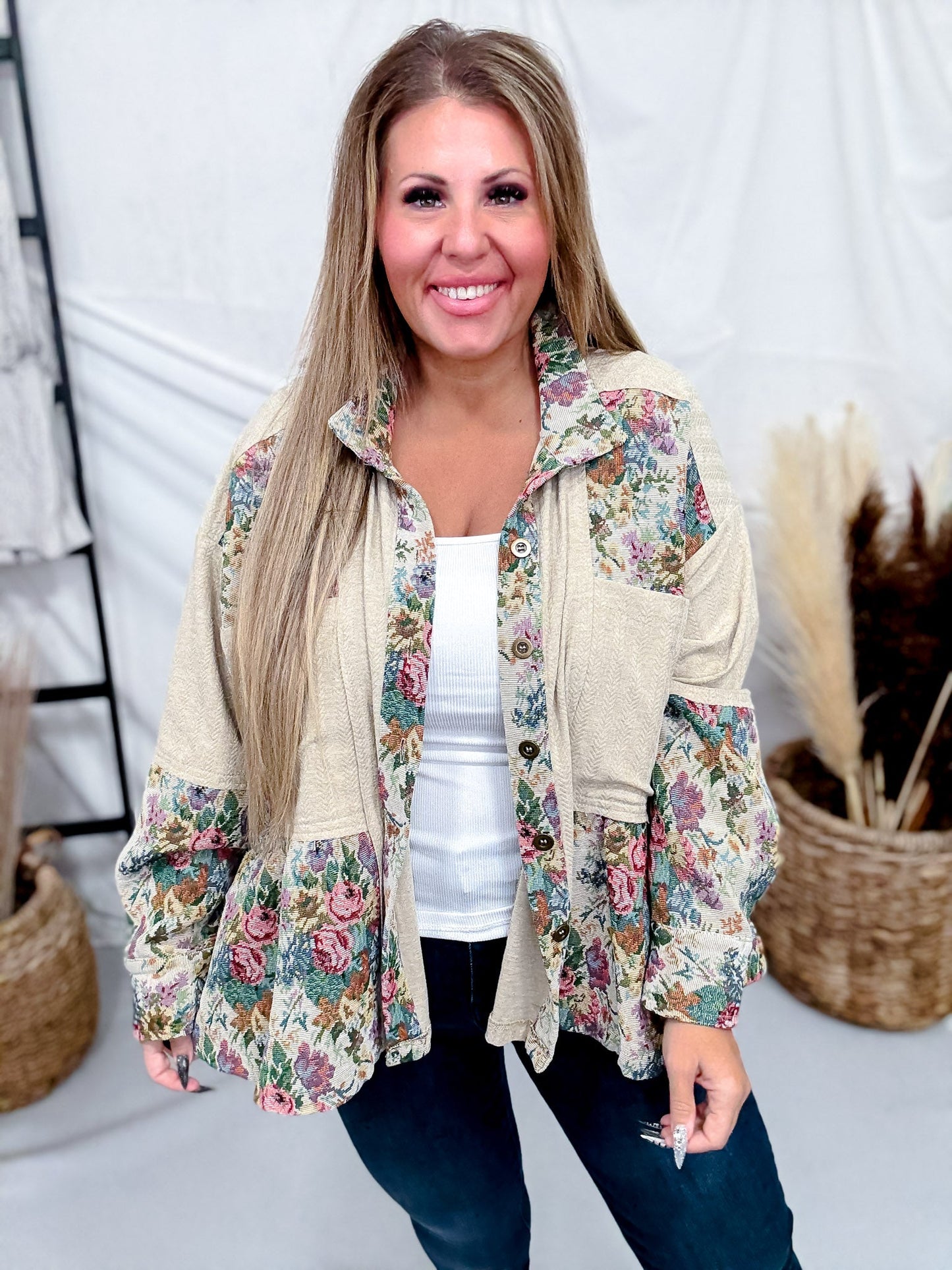 Button Front Peplum Hem Top With Floral Tapestry Panels - Whiskey Skies - DAVI & DANI