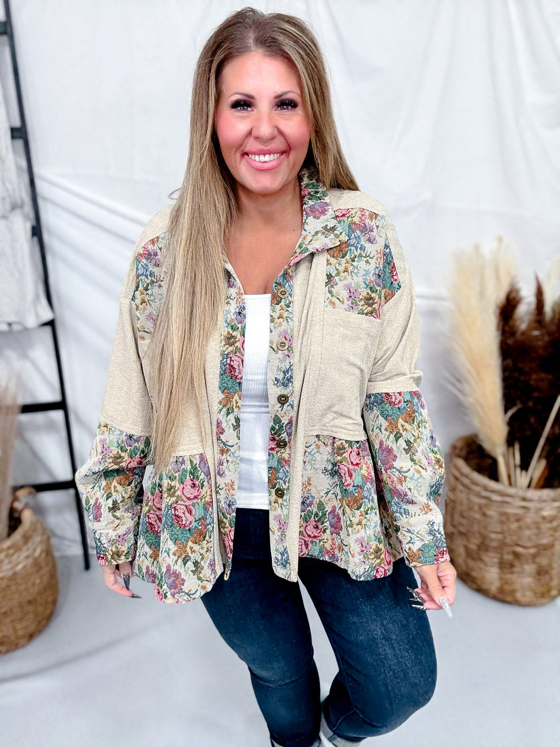 Button Front Peplum Hem Top With Floral Tapestry Panels - Whiskey Skies - DAVI & DANI