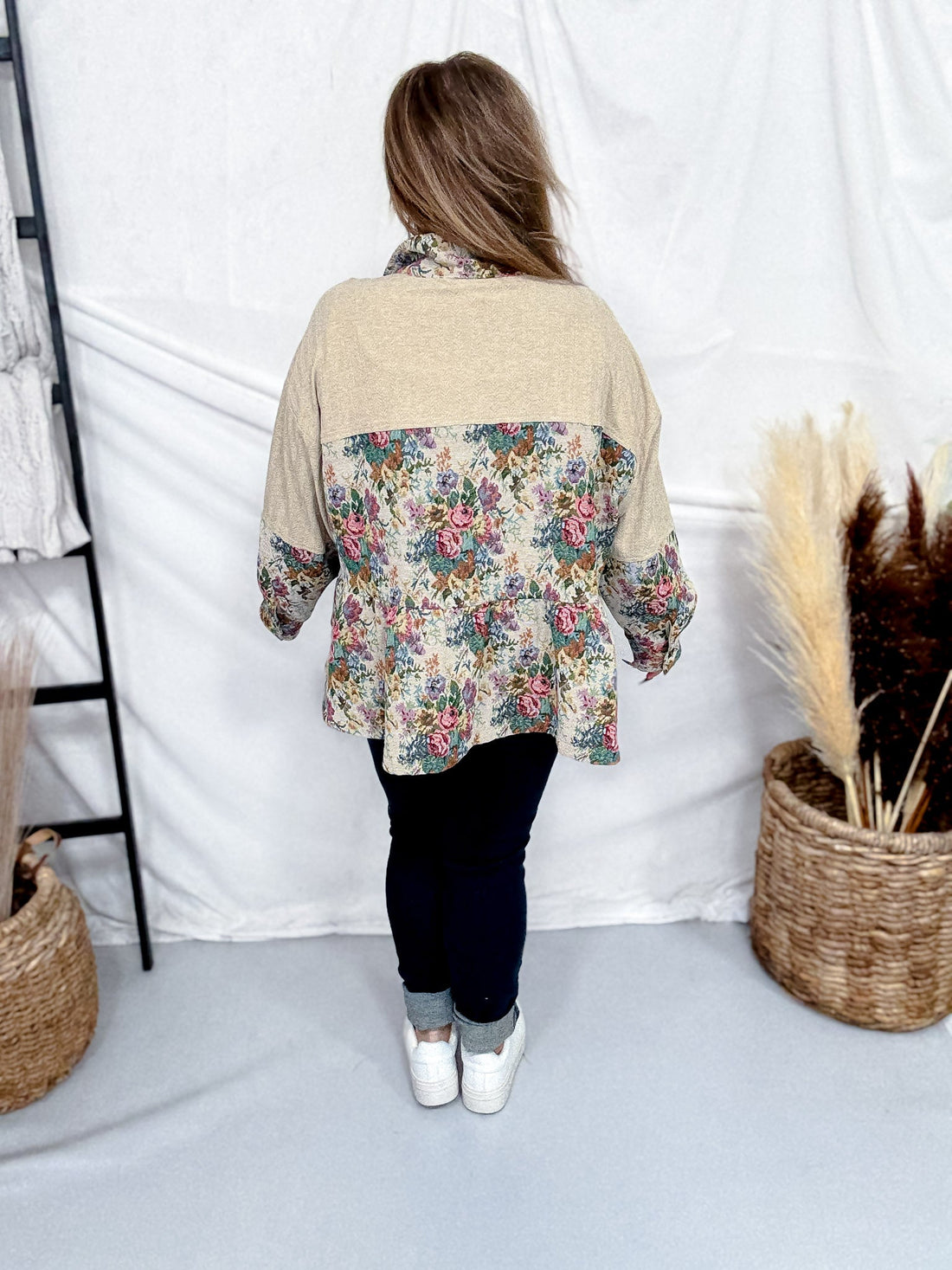 Button Front Peplum Hem Top With Floral Tapestry Panels - Whiskey Skies - DAVI & DANI