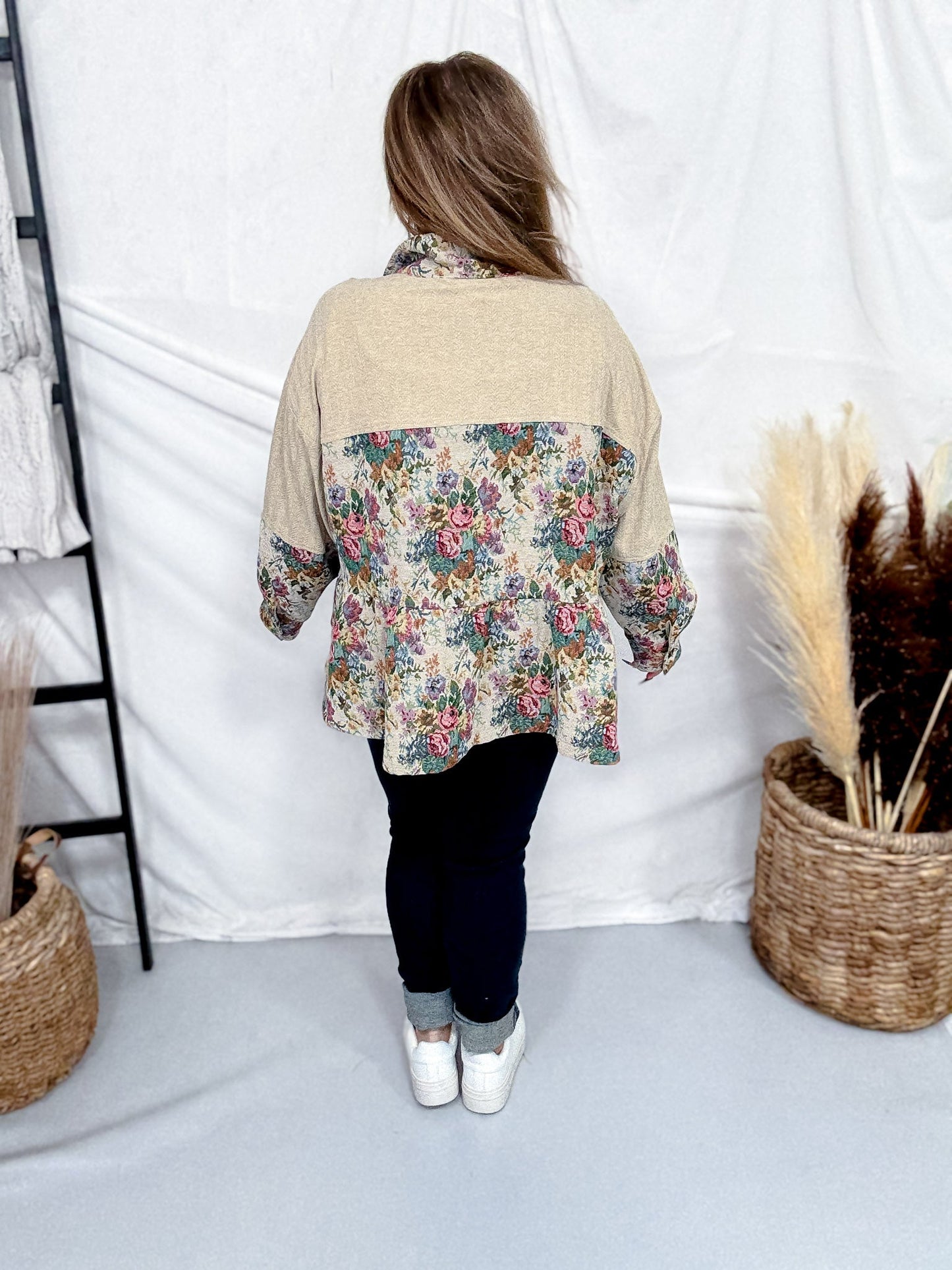 Button Front Peplum Hem Top With Floral Tapestry Panels - Whiskey Skies - DAVI & DANI