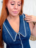 Button Front Sleeveless Denim Mini Dress With Lace Trim - Whiskey Skies - HEIMISH