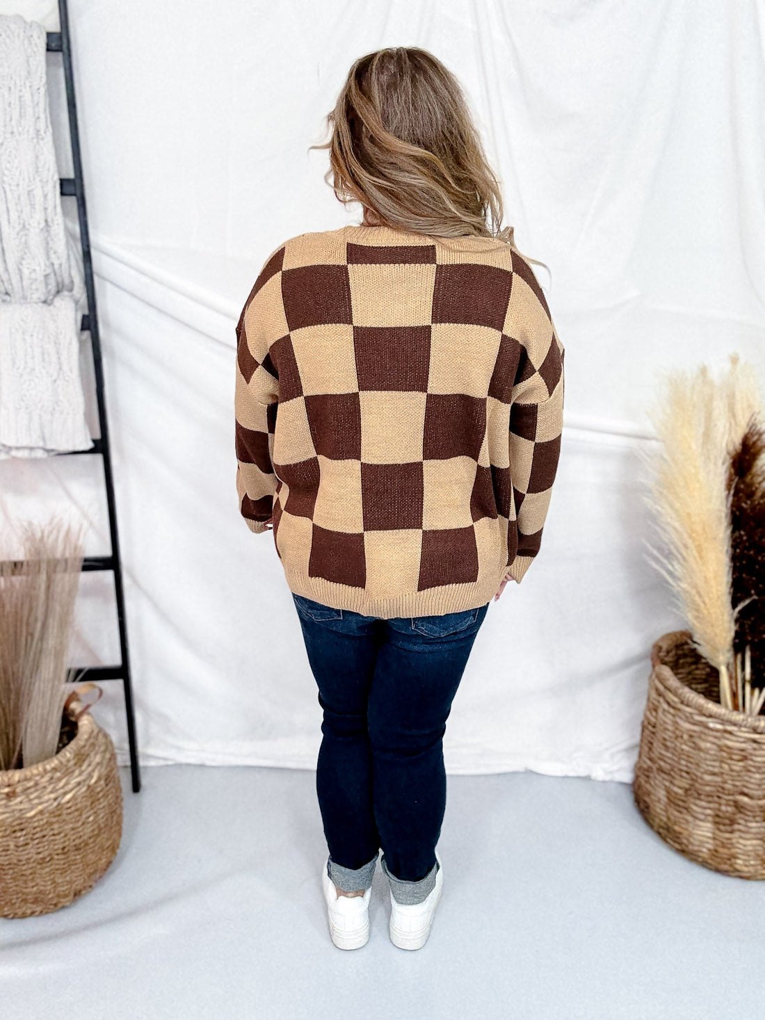 Cable Knit Sweater With Mocha Latte Checkerboard Pattern - Whiskey Skies - BIBI