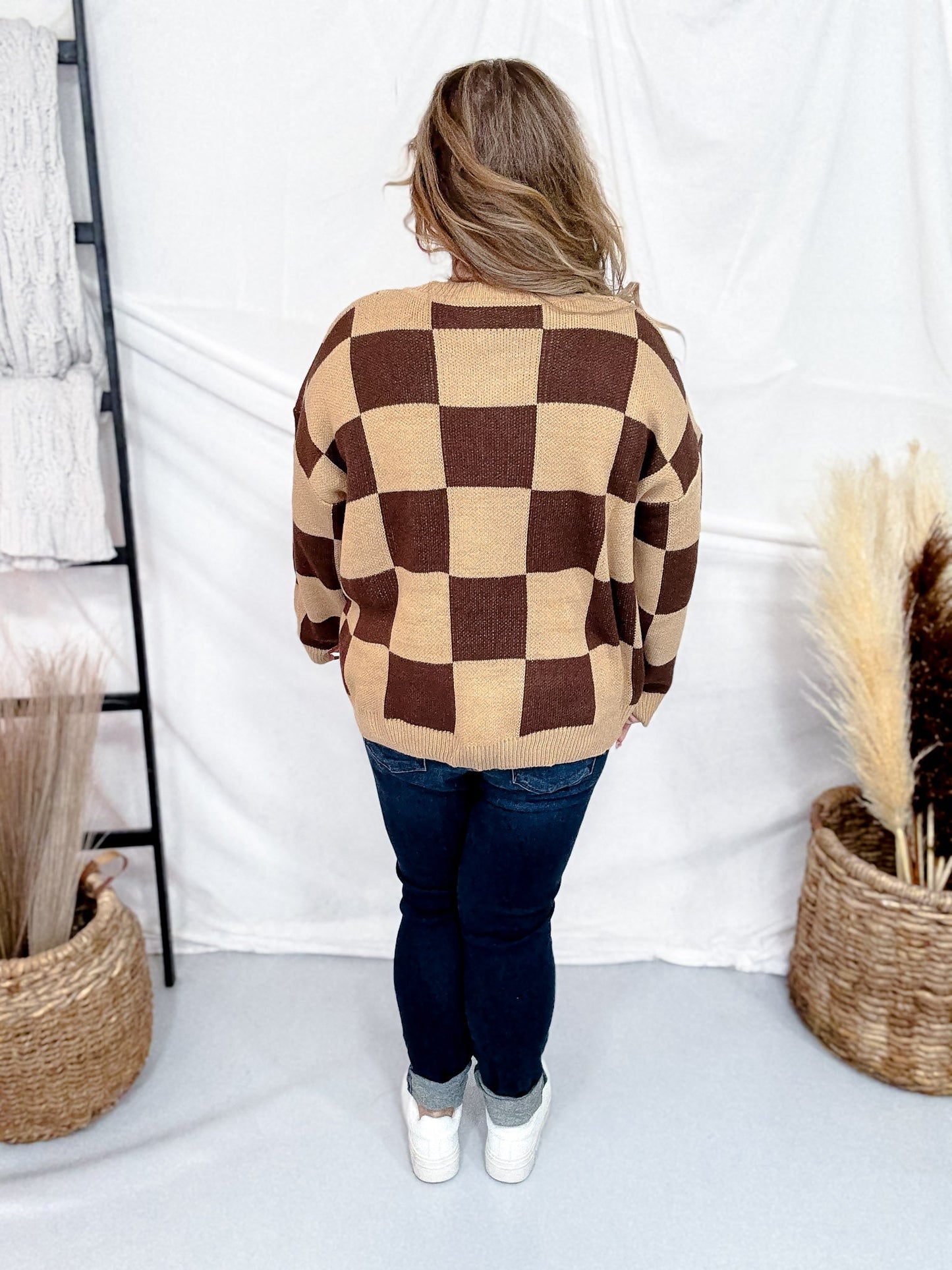Cable Knit Sweater With Mocha Latte Checkerboard Pattern - Whiskey Skies - BIBI