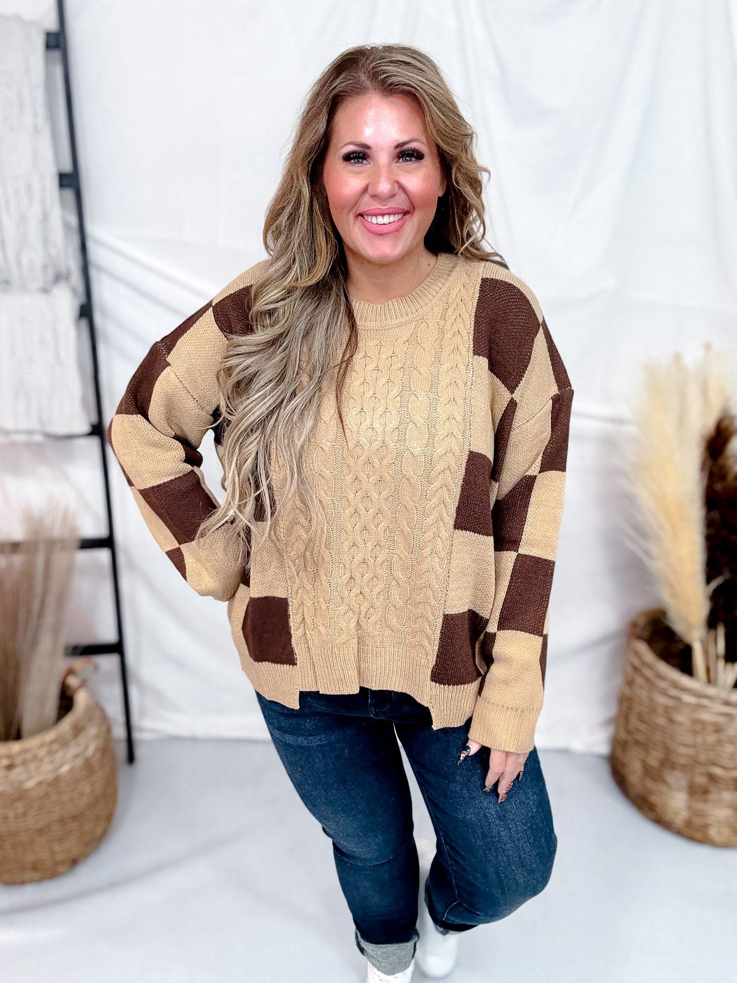 Cable Knit Sweater With Mocha Latte Checkerboard Pattern - Whiskey Skies - BIBI