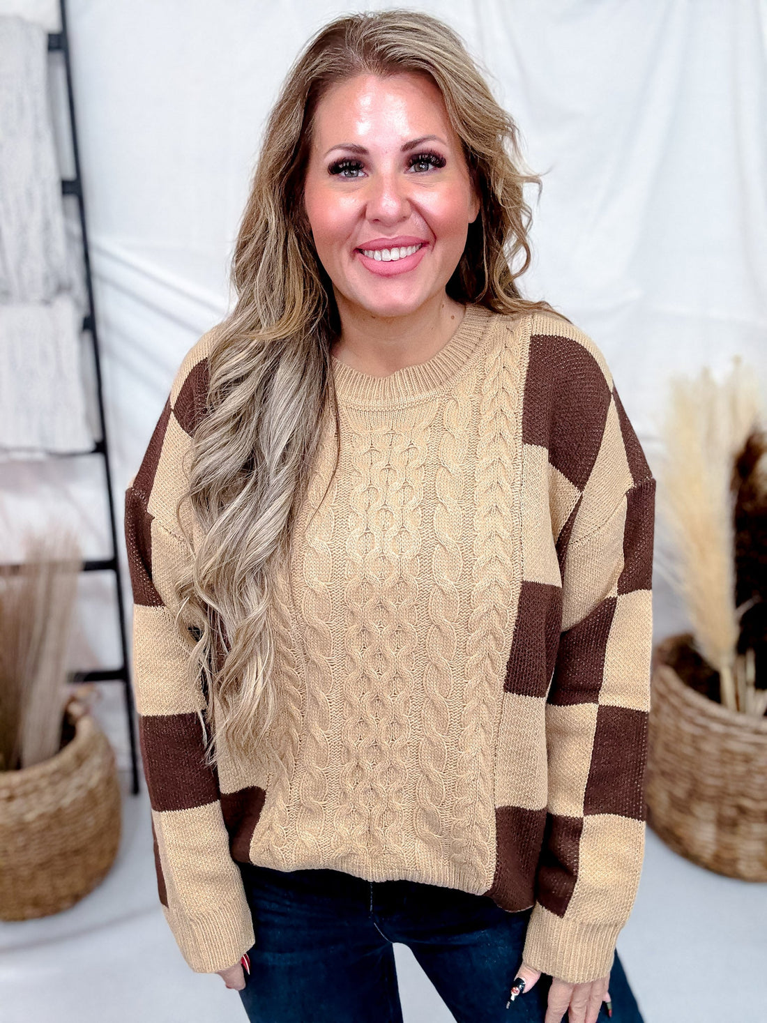 Cable Knit Sweater With Mocha Latte Checkerboard Pattern - Whiskey Skies - BIBI