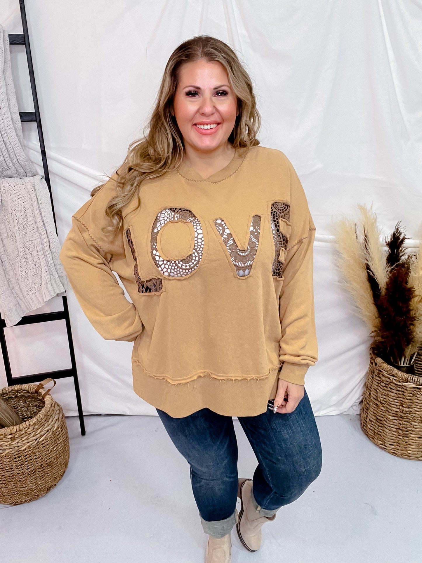 Camel Acid Washed Lace Love Sweatshirt - Whiskey Skies - ODDI