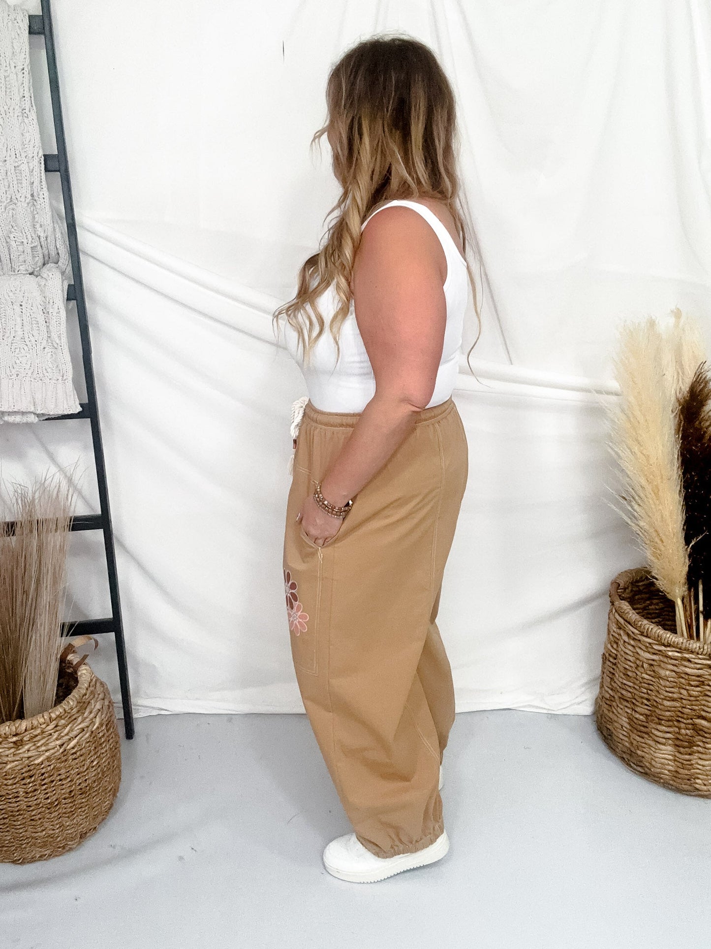 Camel Brown Drawstring Waist Cropped Pants With Floral Appliques - Whiskey Skies - ODDI