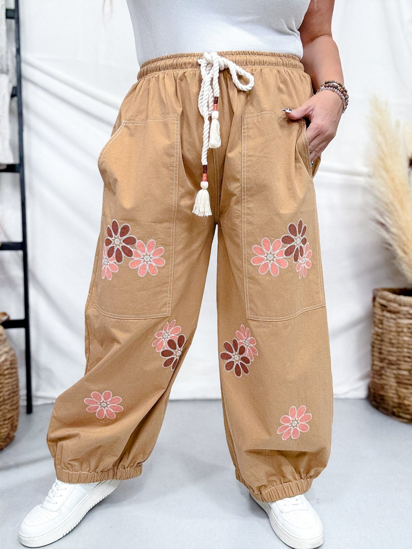 Camel Brown Drawstring Waist Cropped Pants With Floral Appliques - Whiskey Skies - ODDI