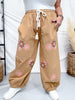 Camel Brown Drawstring Waist Cropped Pants With Floral Appliques - Whiskey Skies - ODDI
