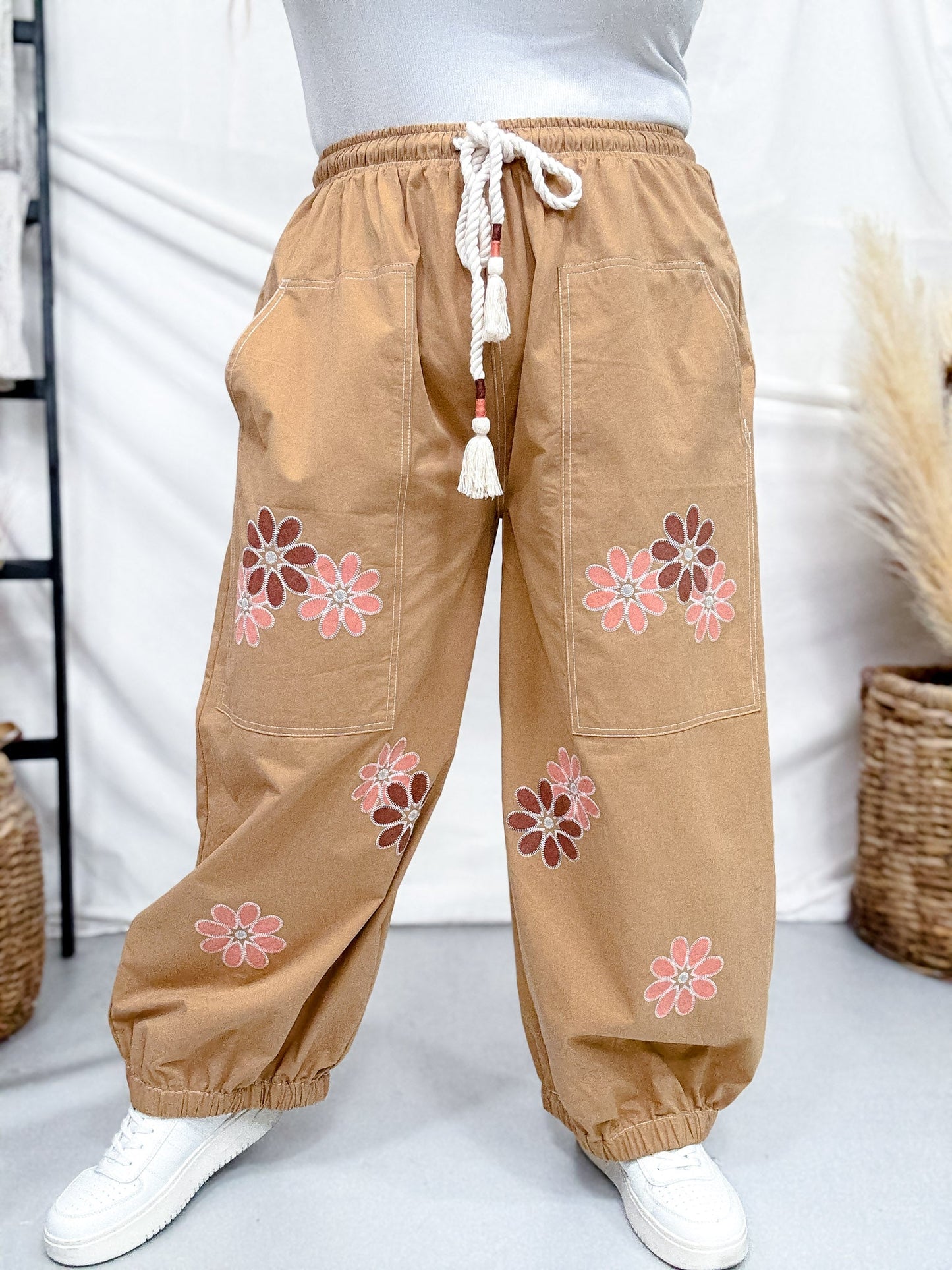 Camel Brown Drawstring Waist Cropped Pants With Floral Appliques - Whiskey Skies - ODDI