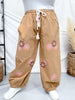 Camel Brown Drawstring Waist Cropped Pants With Floral Appliques - Whiskey Skies - ODDI