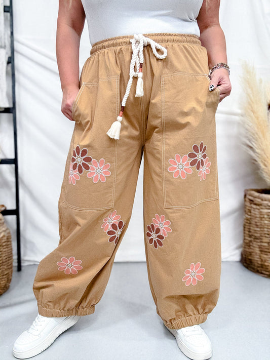 Camel Brown Drawstring Waist Cropped Pants With Floral Appliques - Whiskey Skies - ODDI