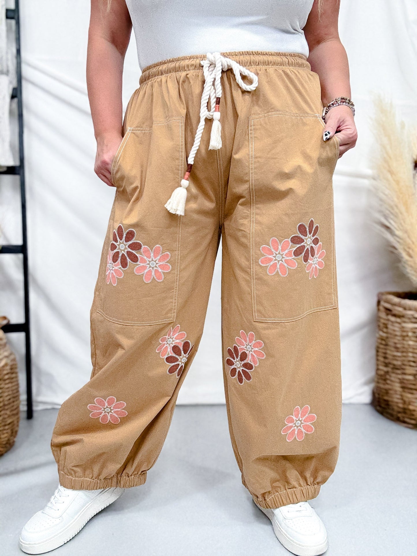 Camel Brown Drawstring Waist Cropped Pants With Floral Appliques - Whiskey Skies - ODDI