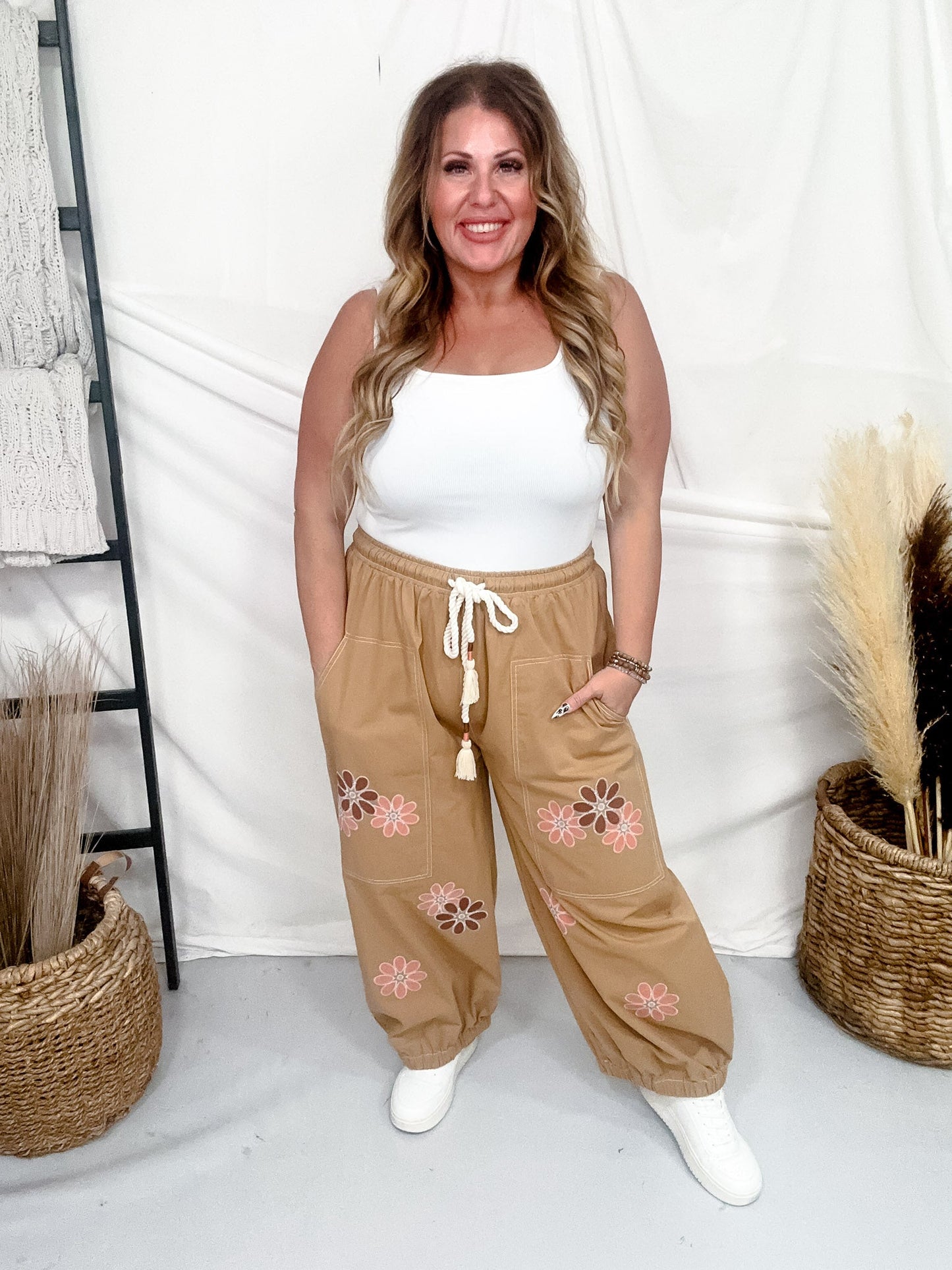 Camel Brown Drawstring Waist Cropped Pants With Floral Appliques - Whiskey Skies - ODDI