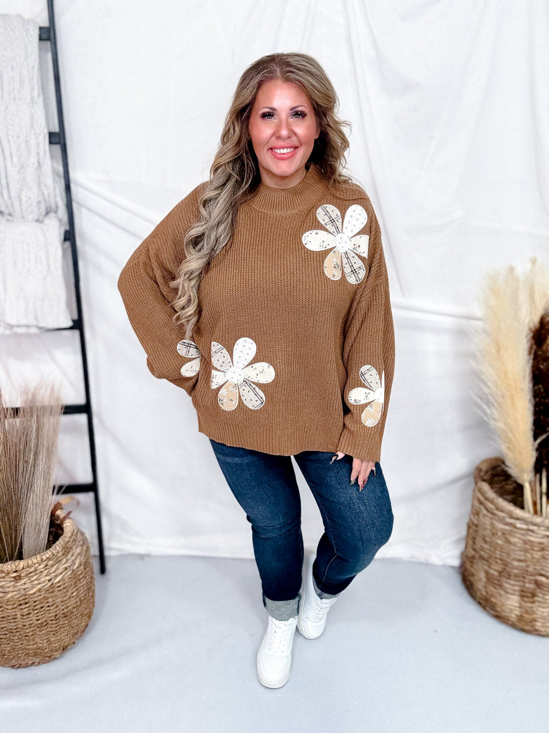 Camel Brown Sweater With Patchwork Flowers - Whiskey Skies - POLAGRAM + BAEVELY