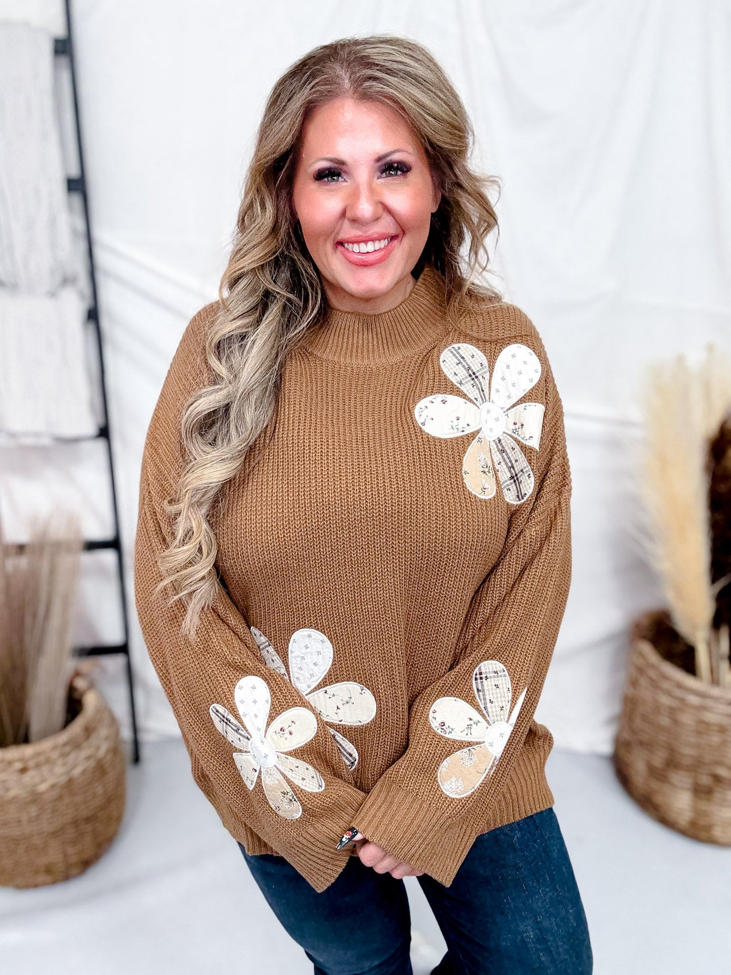 Camel Brown Sweater With Patchwork Flowers - Whiskey Skies - POLAGRAM + BAEVELY