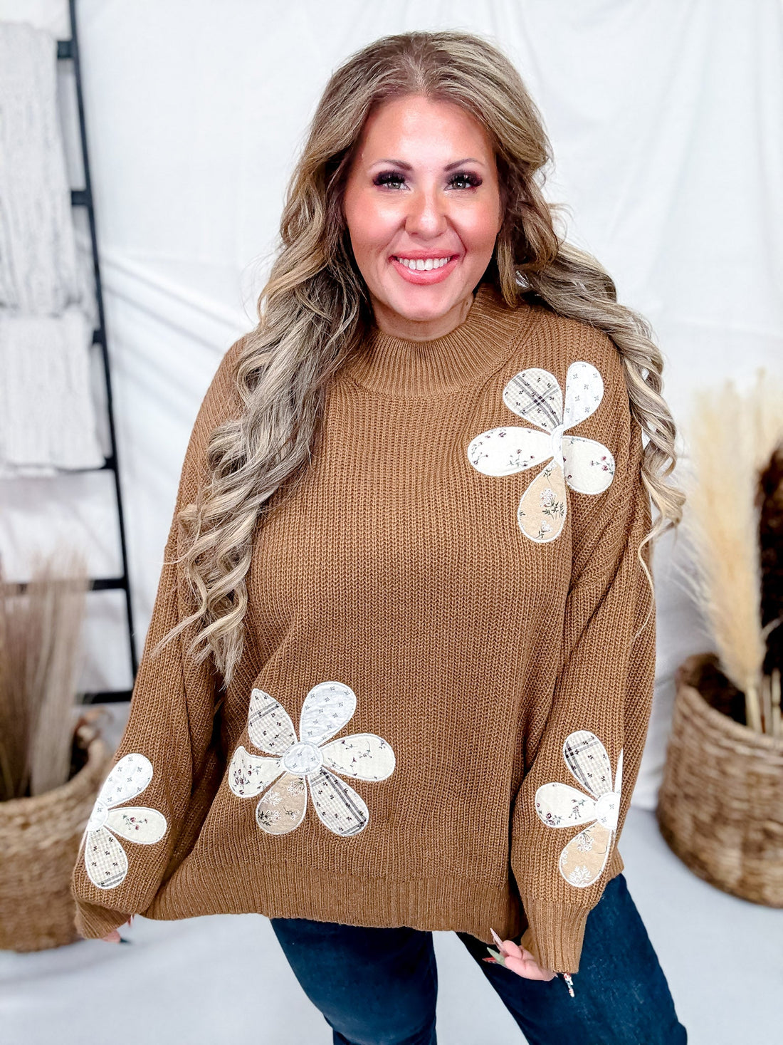 Camel Brown Sweater With Patchwork Flowers - Whiskey Skies - POLAGRAM + BAEVELY