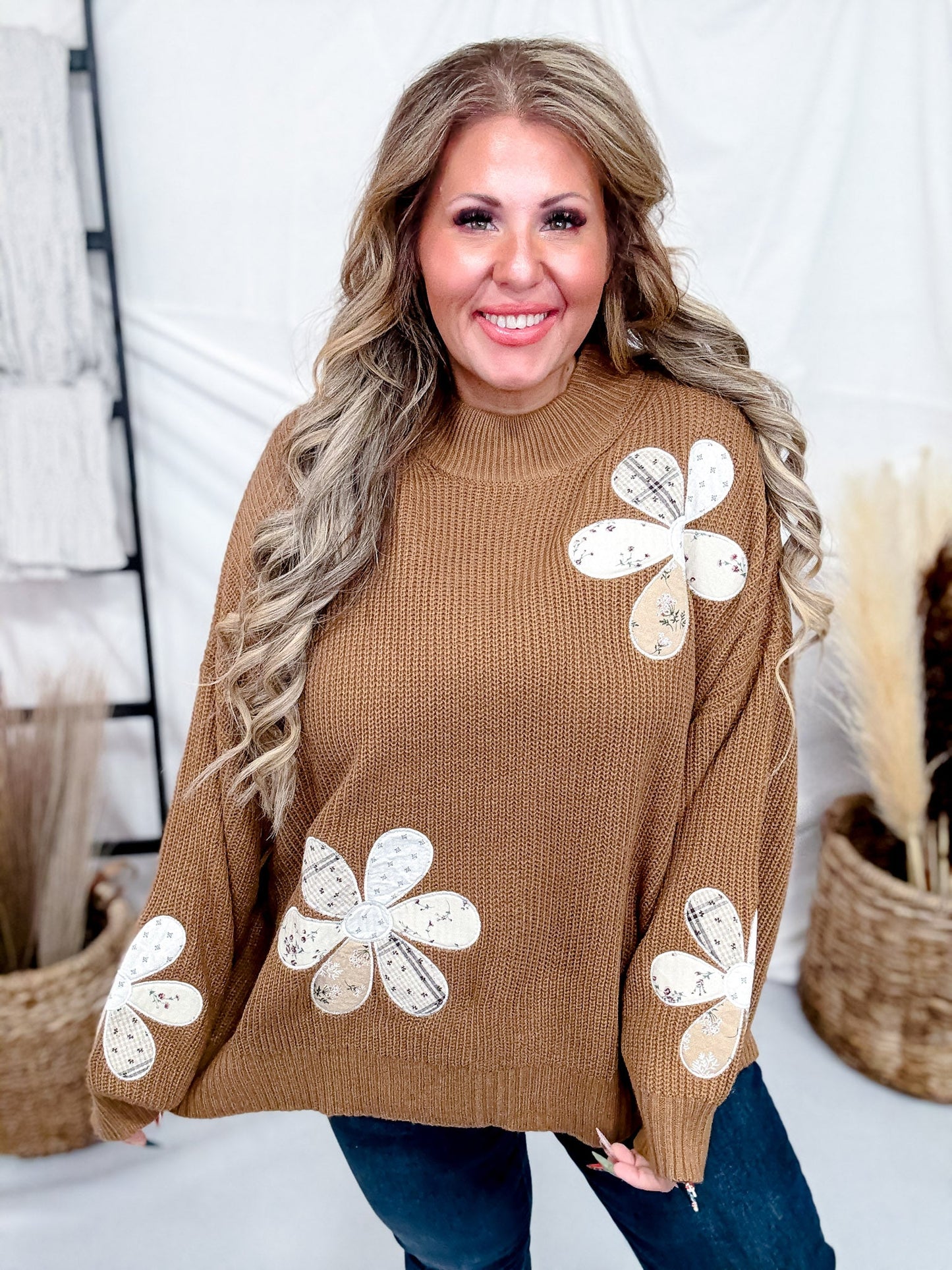 Camel Brown Sweater With Patchwork Flowers - Whiskey Skies - POLAGRAM + BAEVELY