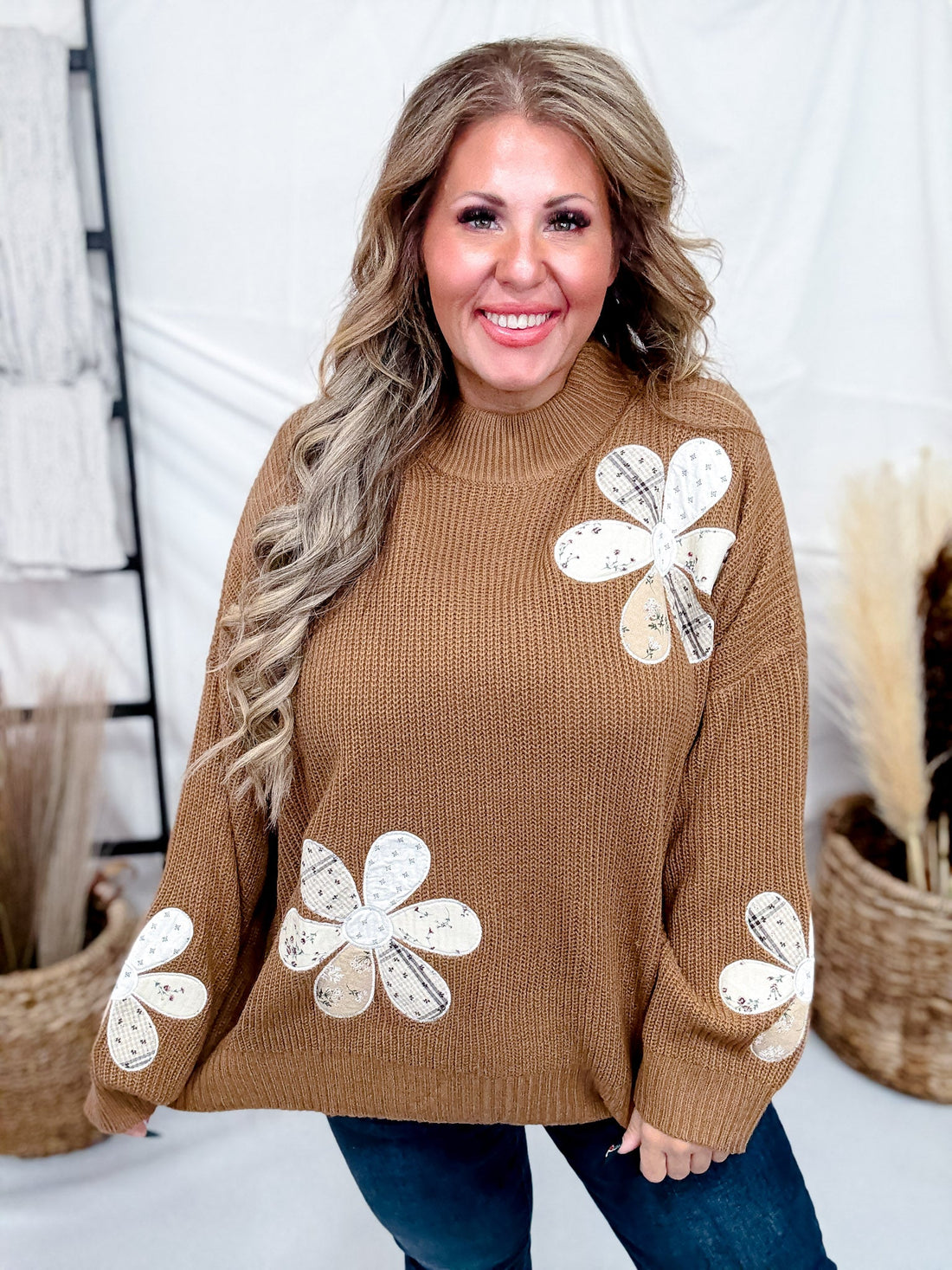 Camel Brown Sweater With Patchwork Flowers - Whiskey Skies - POLAGRAM + BAEVELY