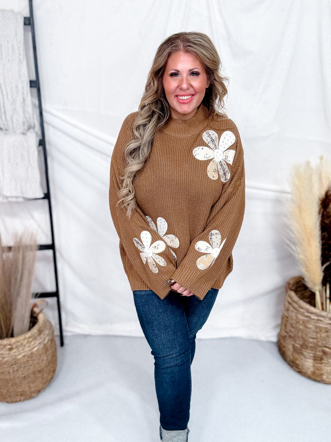 Camel Brown Sweater With Patchwork Flowers - Whiskey Skies - POLAGRAM + BAEVELY
