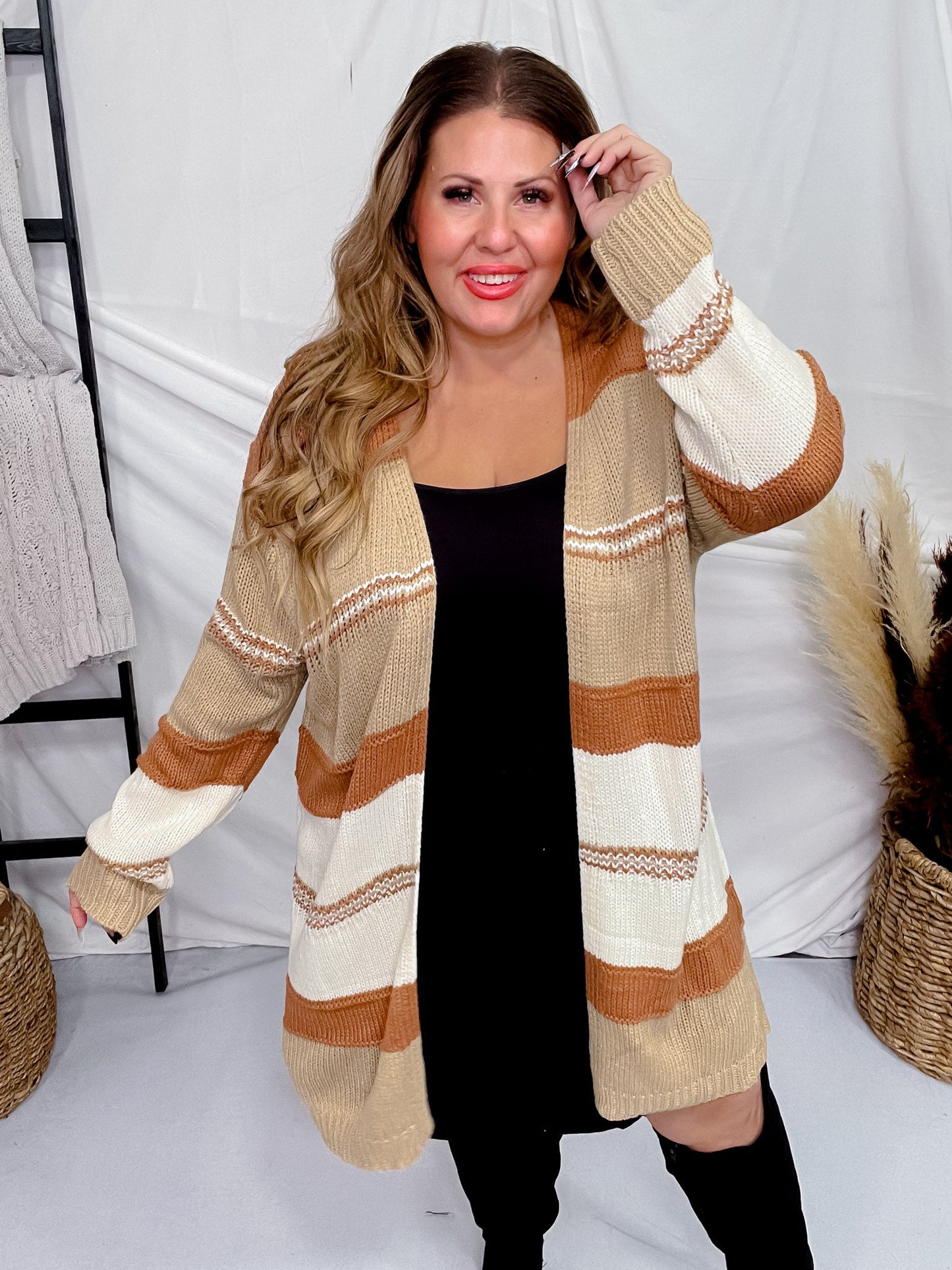 Camel Colorblock Long Sleeve Sweater Cardigan - Whiskey Skies - BIBI