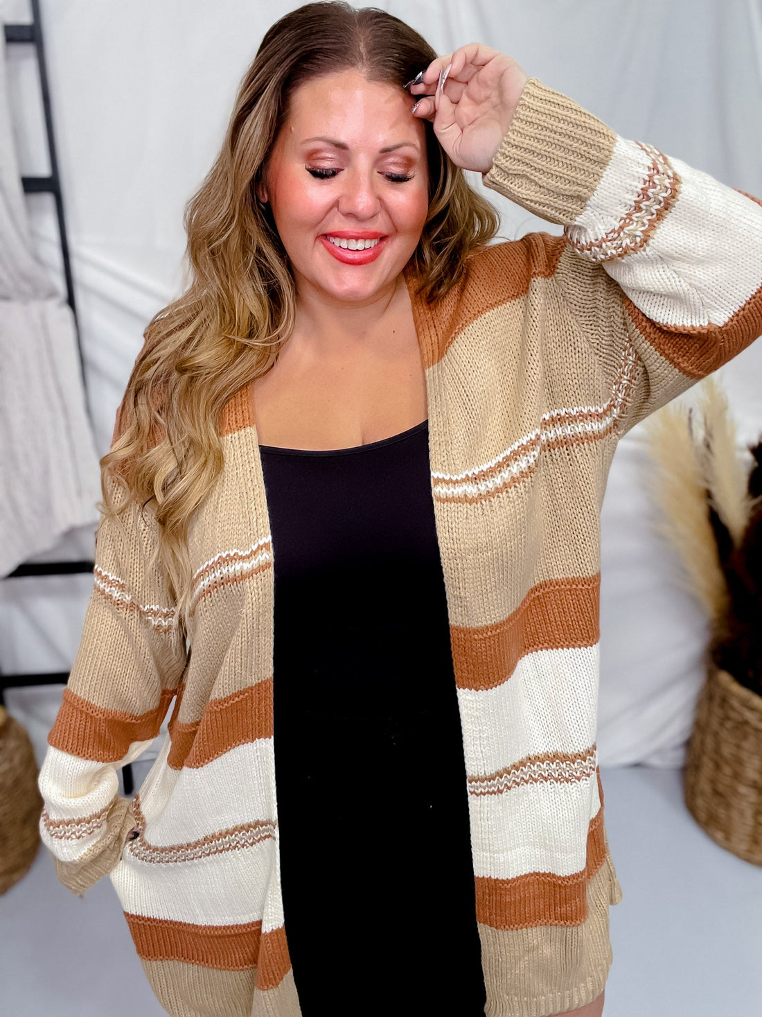 Camel Colorblock Long Sleeve Sweater Cardigan - Whiskey Skies - BIBI