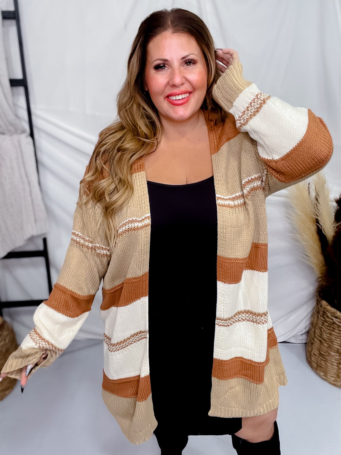 Camel Colorblock Long Sleeve Sweater Cardigan - Whiskey Skies - BIBI