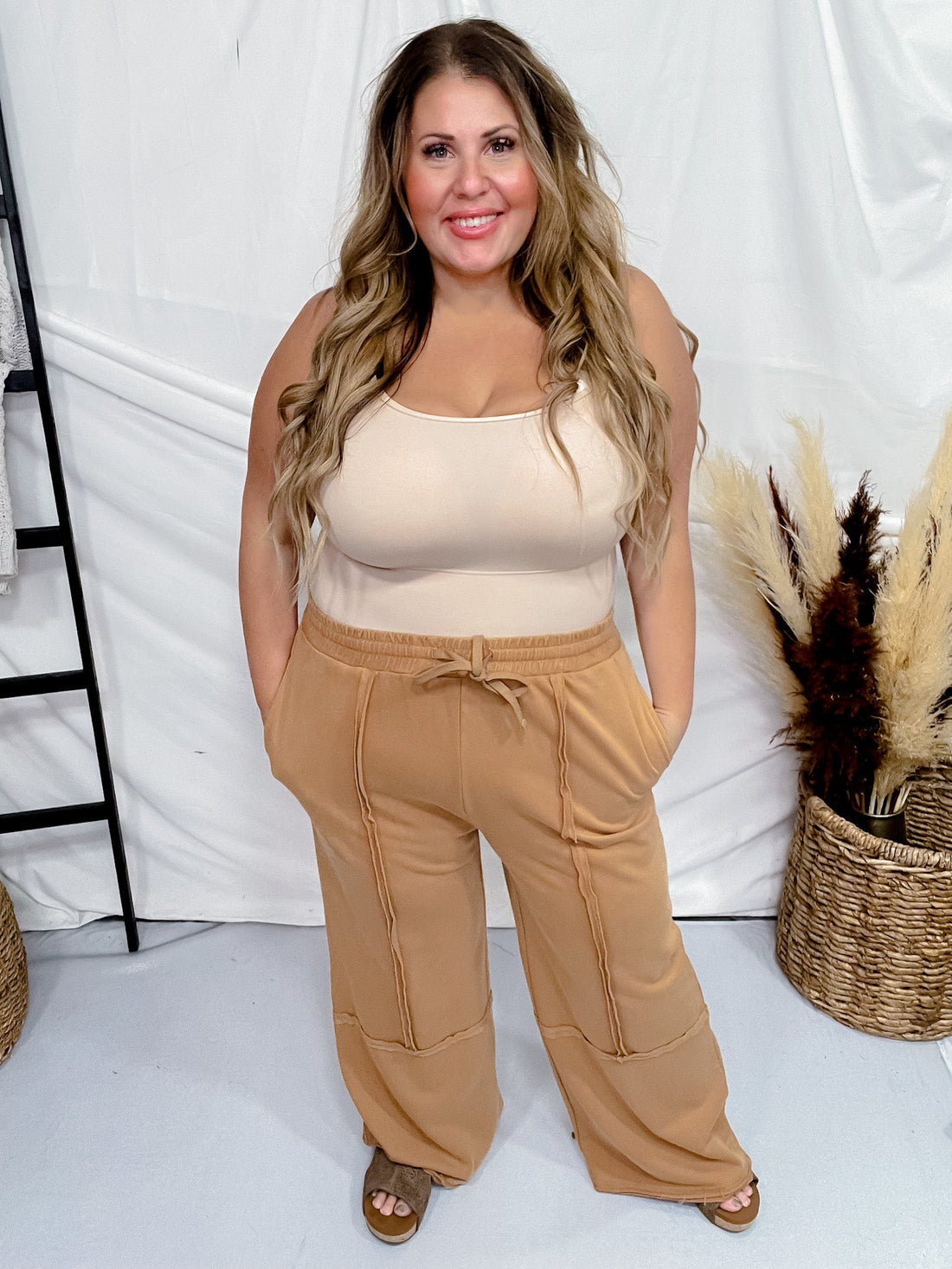 Camel Colored Acid Washed French Terry Sweatpants - Whiskey Skies - ODDI