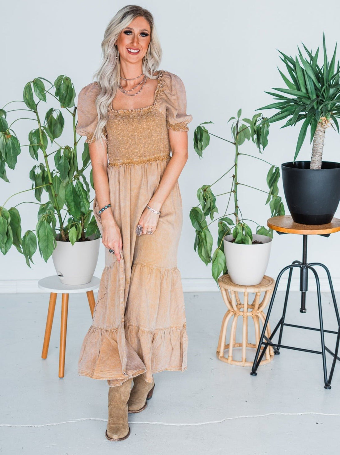Camel Colored Denim Dress - Whiskey Skies - GEEGEE