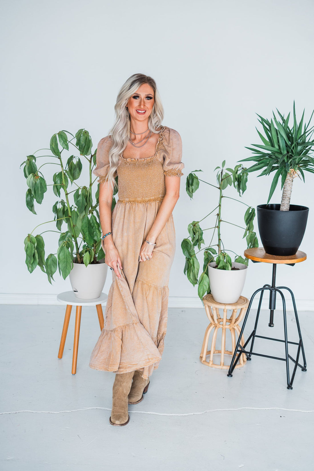 Camel Colored Denim Dress - Whiskey Skies - GEEGEE